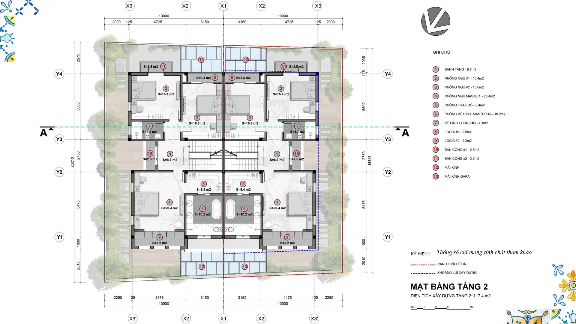 mặt bằng biệt thự song lập tầng 2