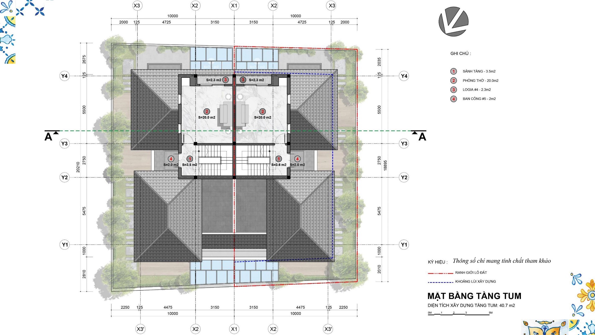 mặt bằng biệt thự song lập tầng tum