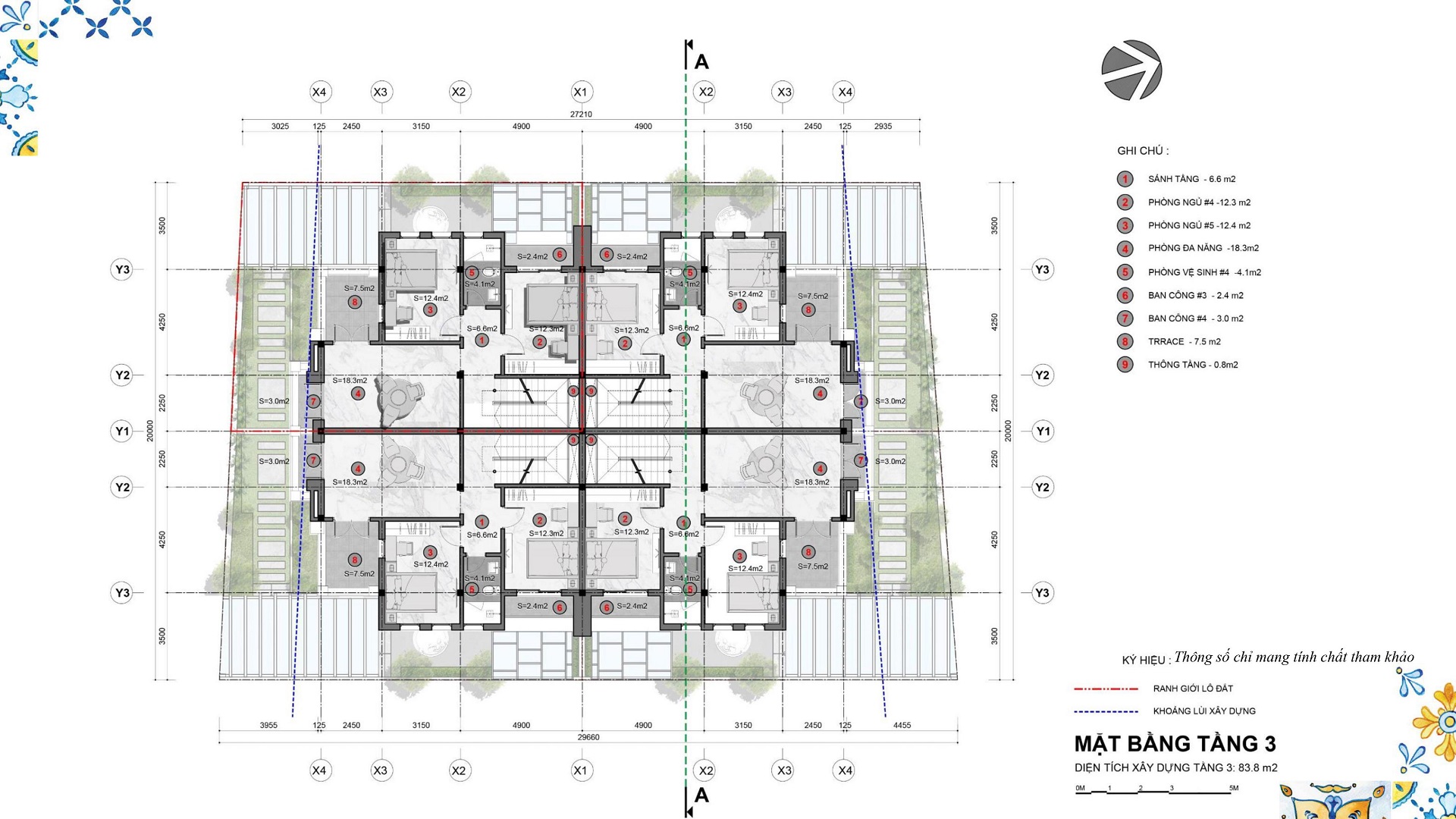 mặt bằng biệt thự tứ lập tầng 3
