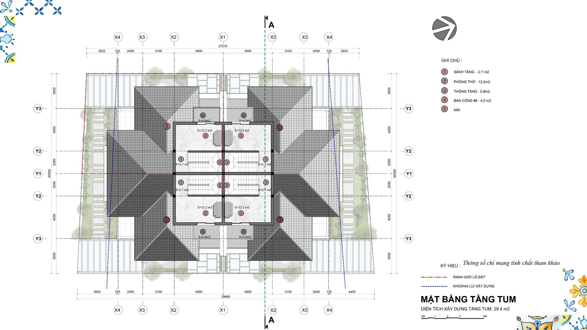 mặt bằng biệt thự tứ lập tầng tum